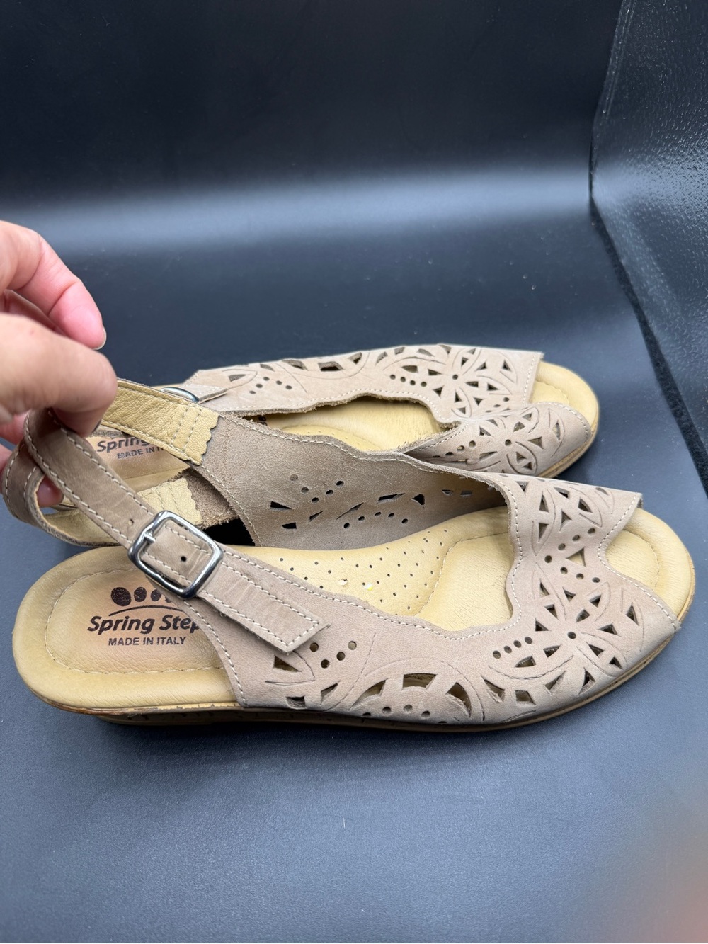 Spring Step Women's Beige Laser-Cut Slingback Sandals